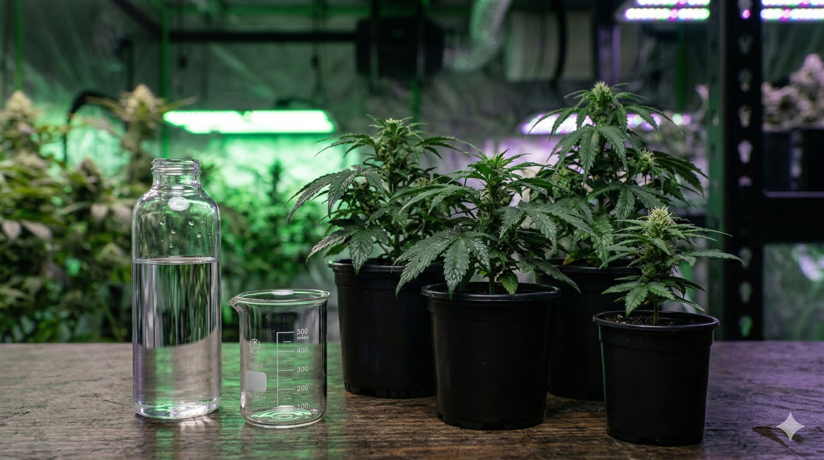 Botella y vaso con agua junto a macetas y hojas de marihuana en ambiente indoor