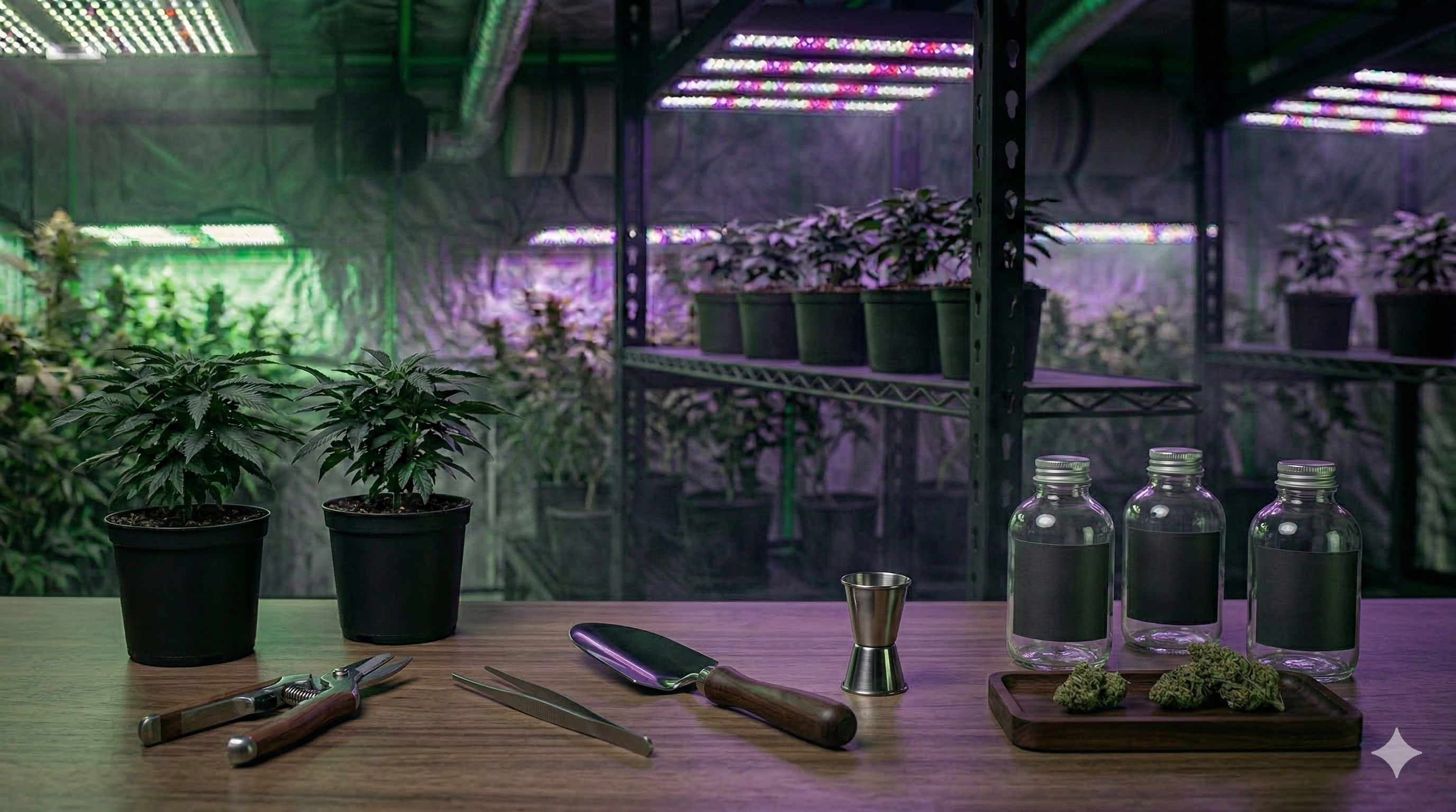 Espacio de cultivo indoor ordenado con macetas negras y herramientas premium