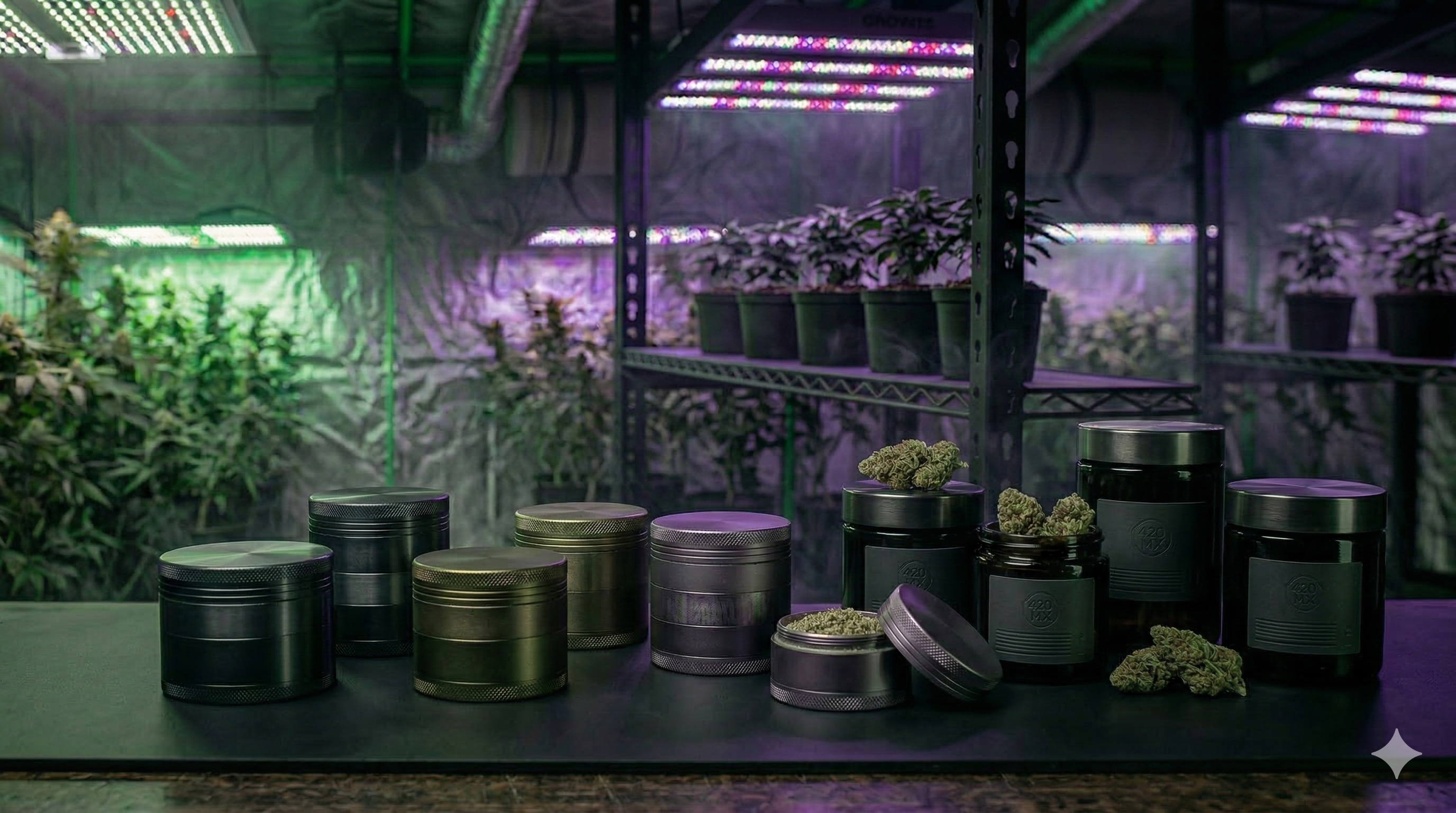 Grinders metálicos y botes oscuros premium sobre mesa elegante con luz verde y morada