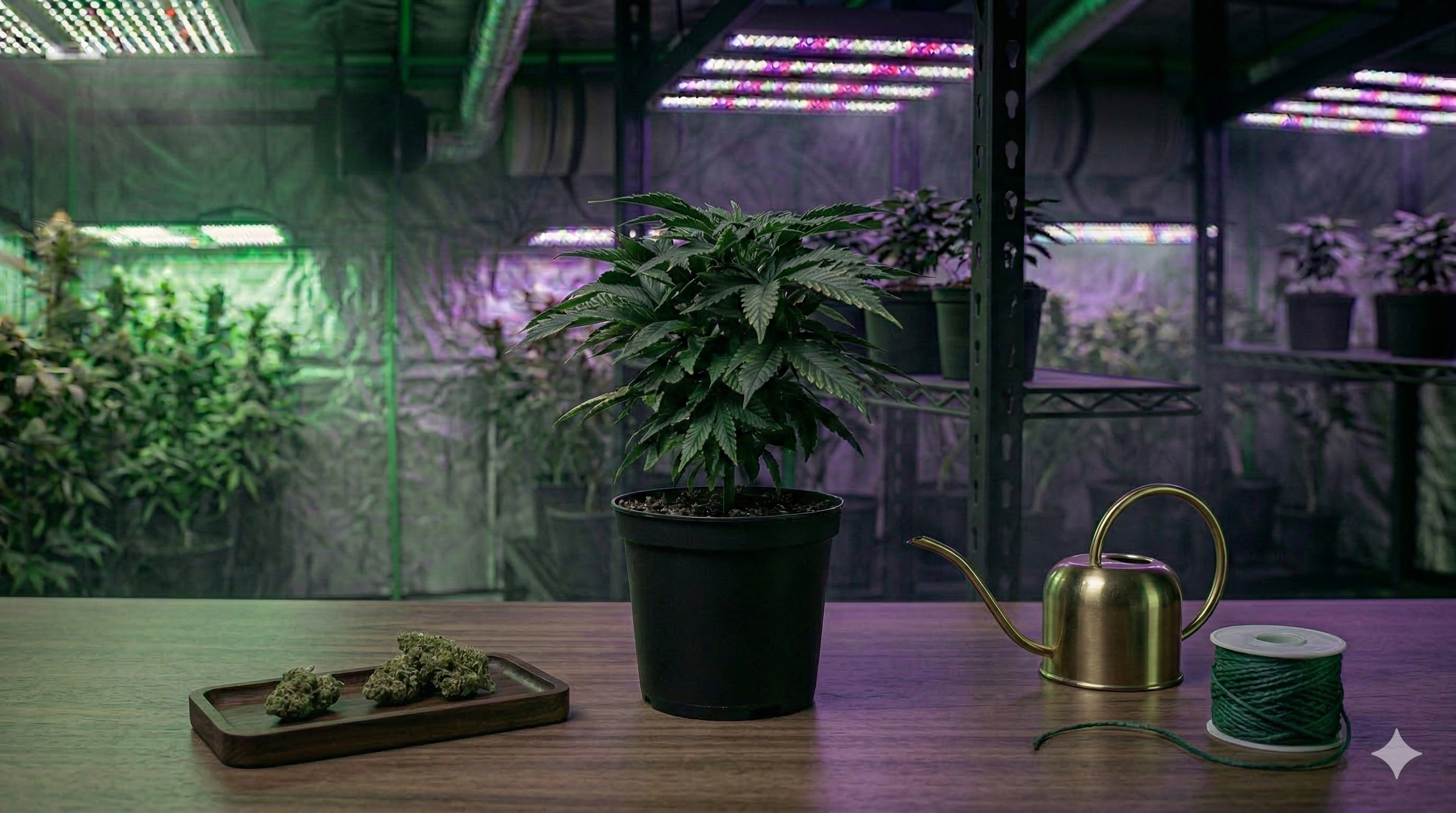 Planta de marihuana mostrando señales leves de estrés en ambiente indoor premium