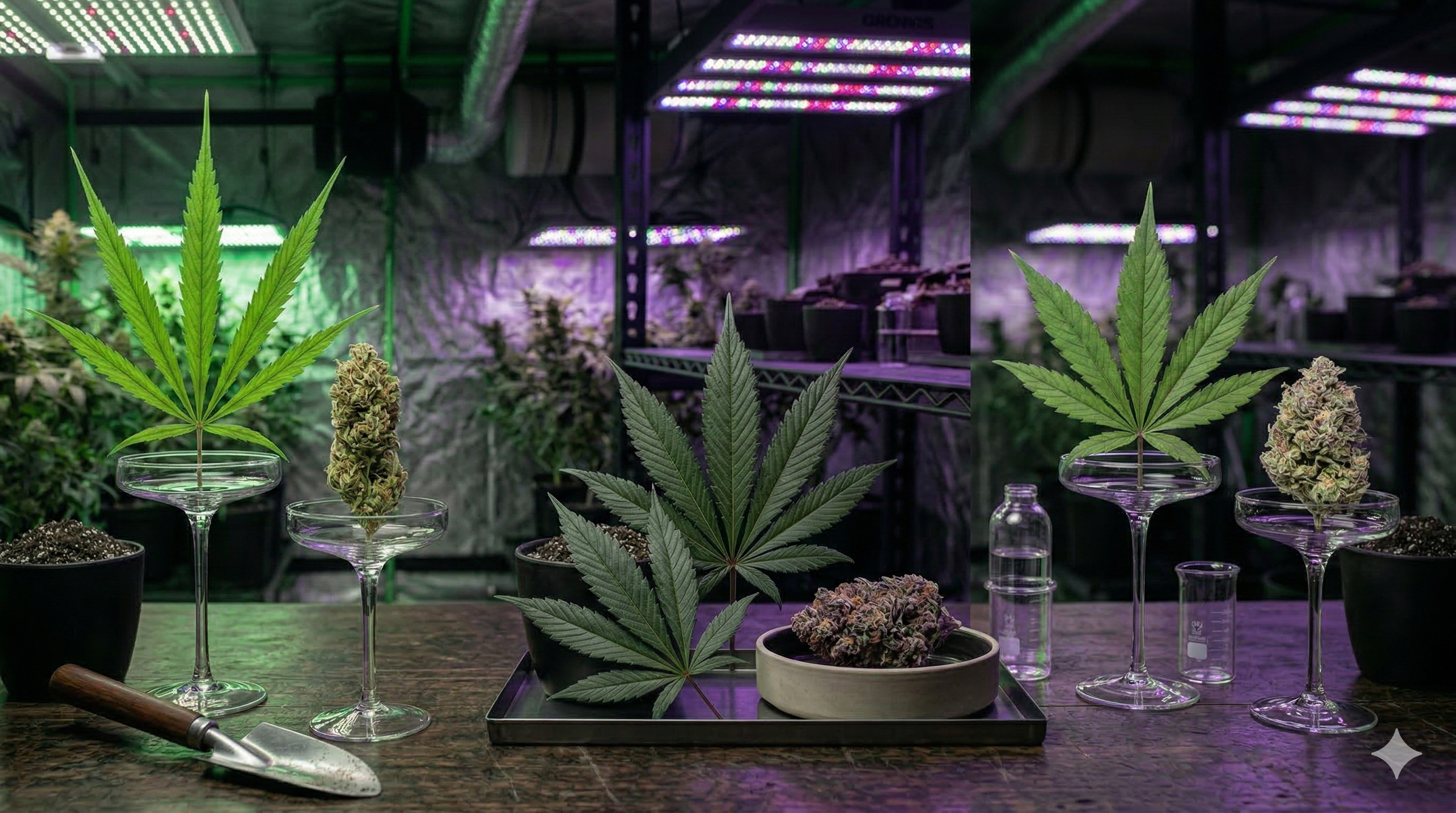 Composición editorial con tres perfiles de marihuana representando sativa índica e híbrida