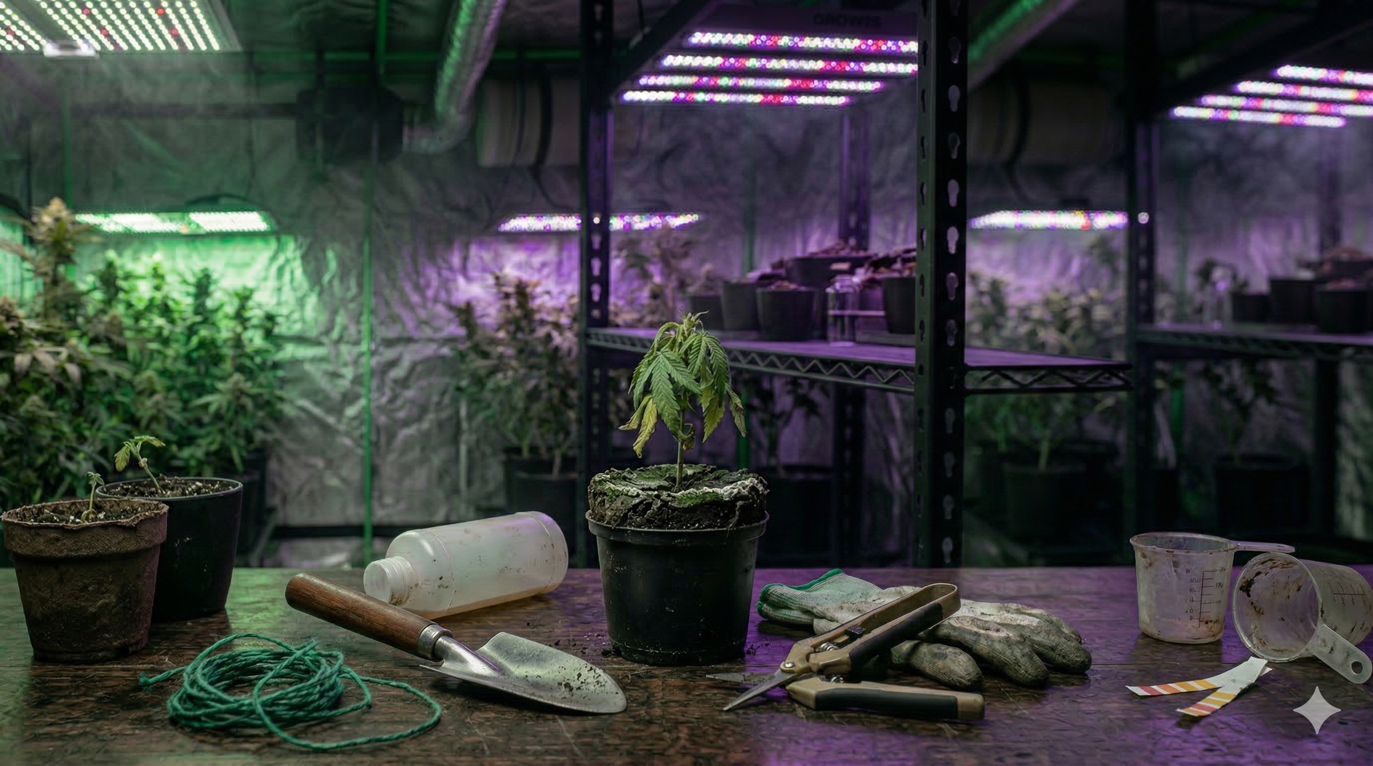 Mesa de cultivo con varios errores comunes representados de forma editorial en espacio indoor