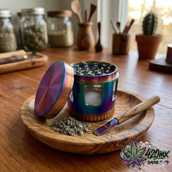 grinder-grande-4-capas-translucido-morado-dorado-trituradora-metalica-50mm-420mx-2 Vista frontal del grinder grande translúcido morado-dorado de 4 capas