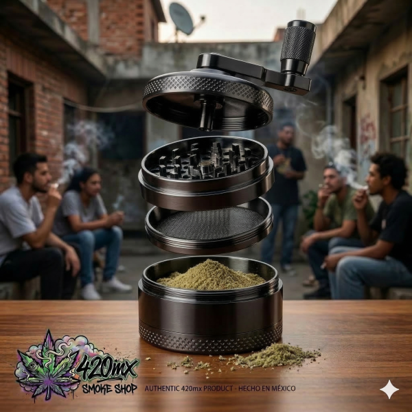 grinder grande de manija 54 mm color negro con 4 capas antiatascamiento, filtro y compartimento para polen