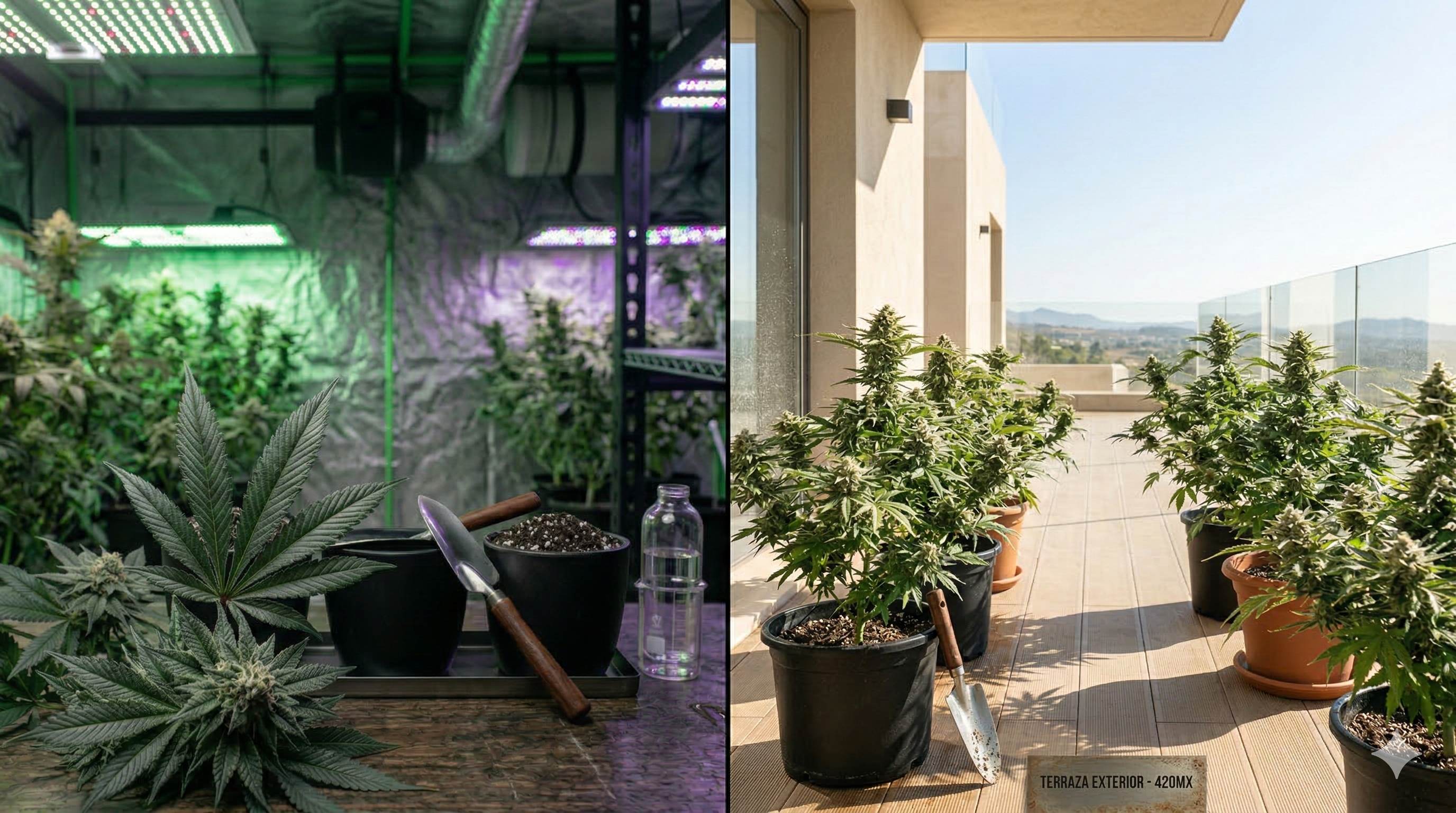 Escena dividida entre un espacio indoor premium y una terraza exterior con plantas de marihuana