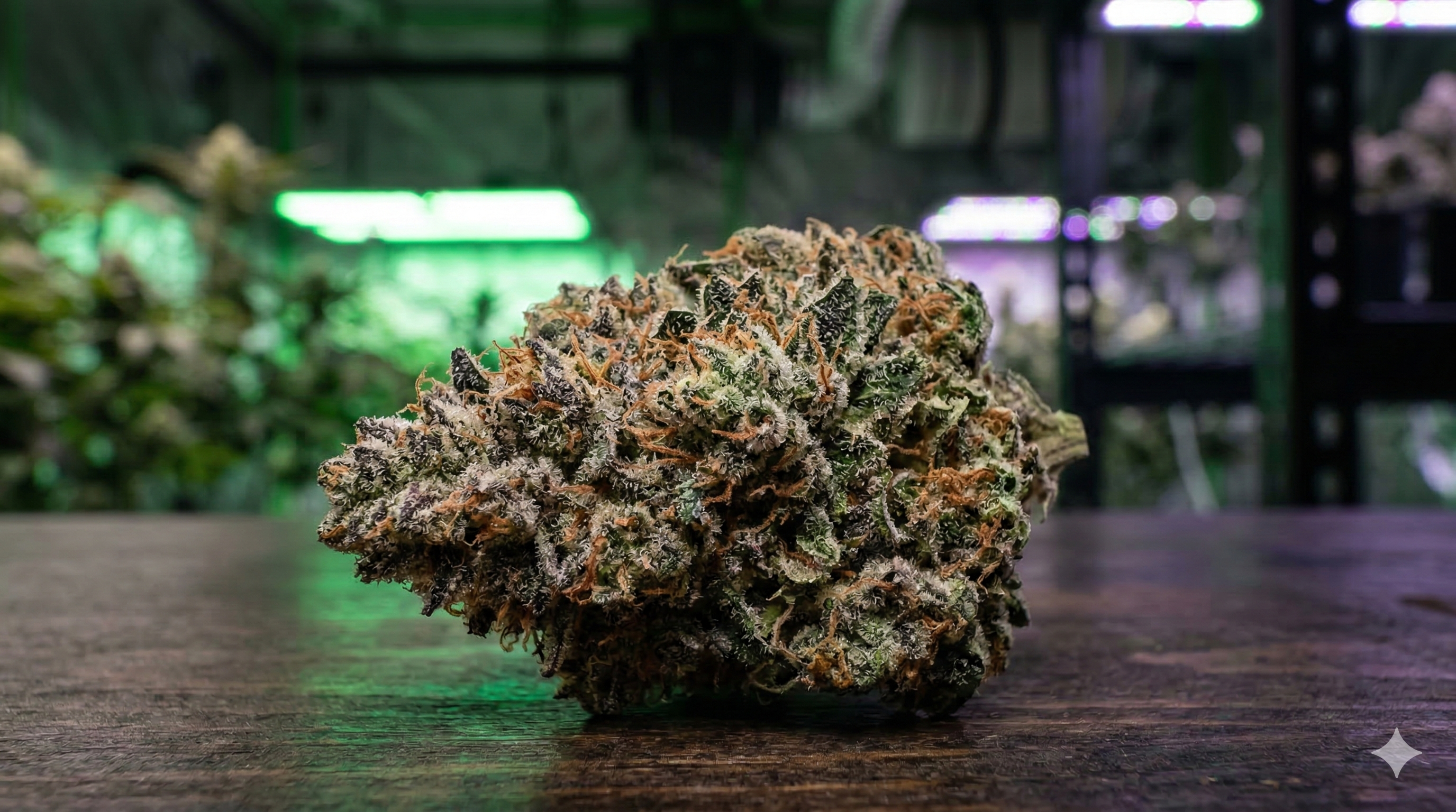 Cogollo de marihuana en primer plano con estructura visible y fondo indoor desenfocado