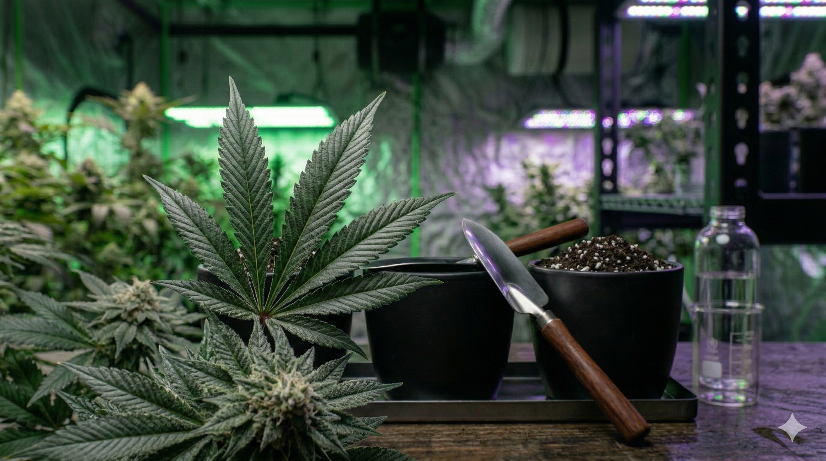 Hojas de marihuana en primer plano con luz suave y fondo indoor desenfocado