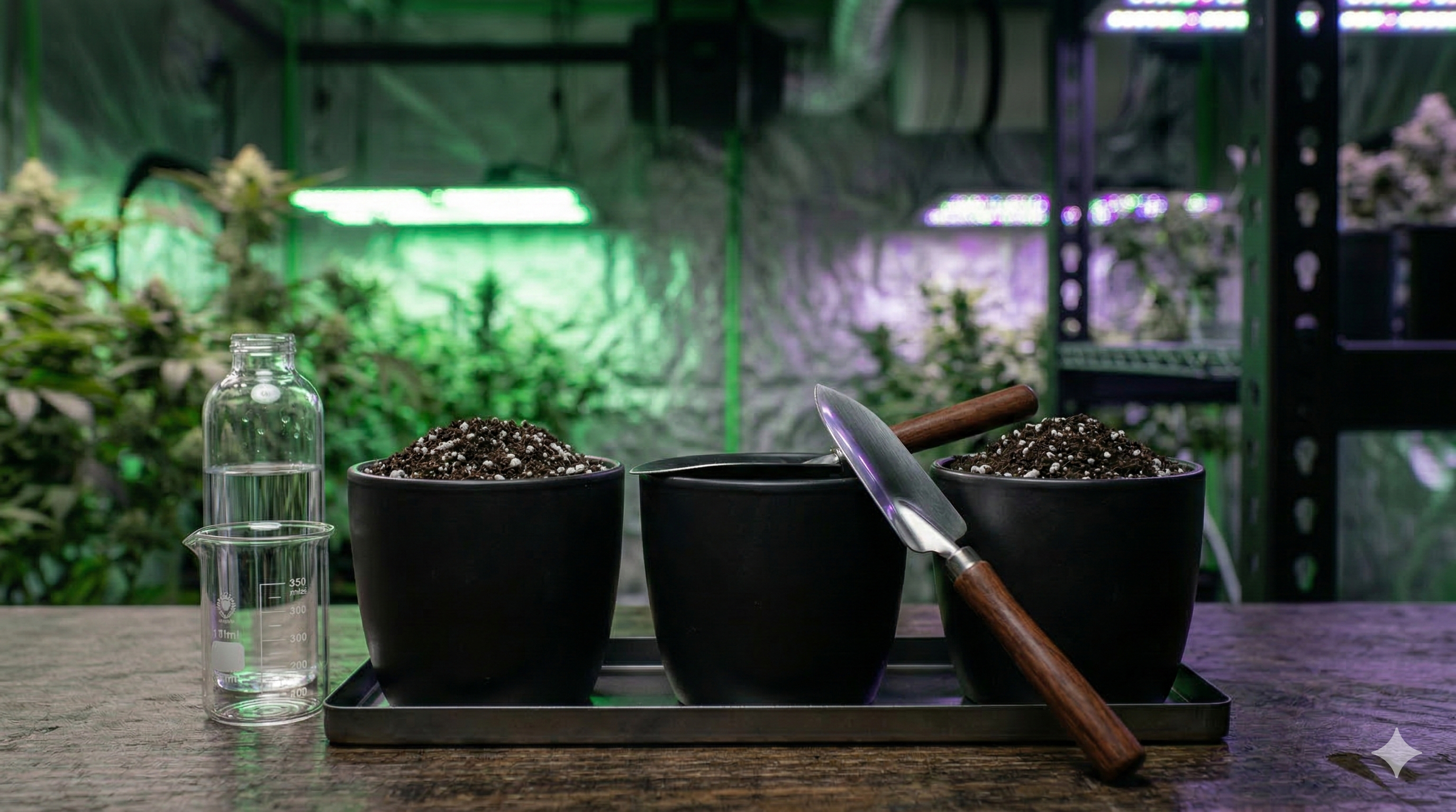 Macetas negras premium con sustrato oscuro y herramientas de cultivo sobre mesa elegante